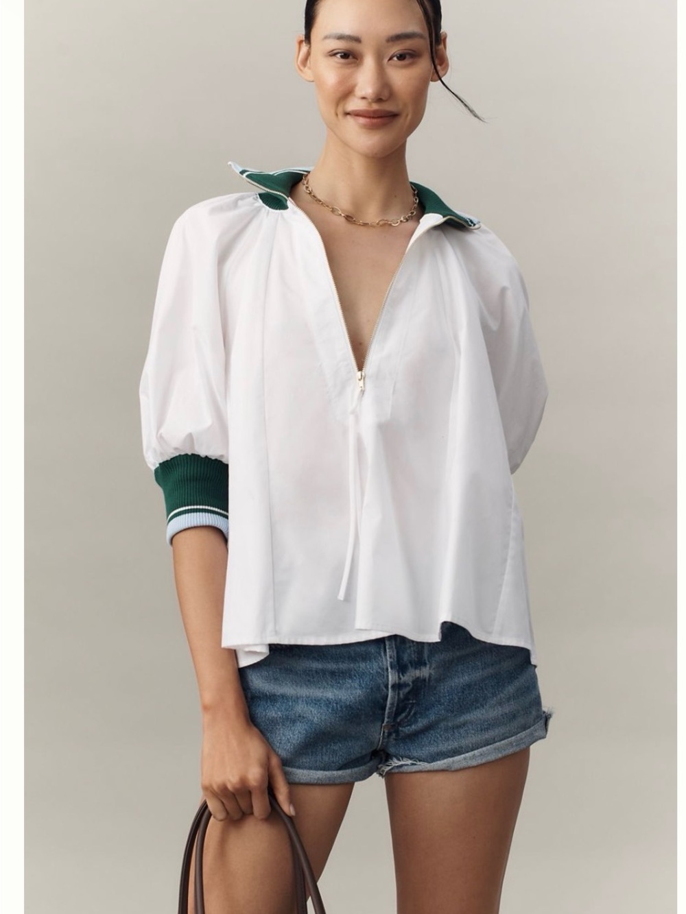 Anthropologie White Poplin Pullover with Green Trim